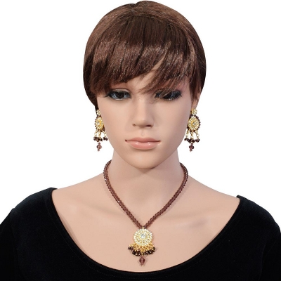 Brown Crystal Beads Golden Pendant Necklace