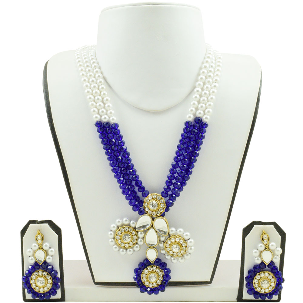 Blue Crystal Beads White Pearl Kundan Necklace