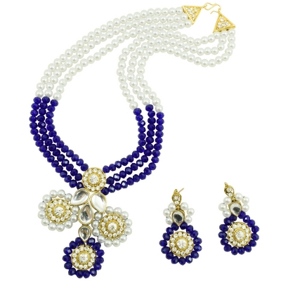 Blue Crystal Beads White Pearl Kundan Necklace