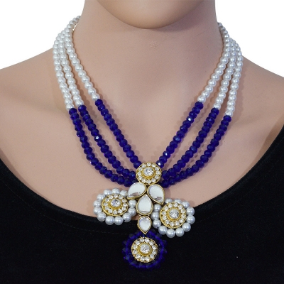 Blue Crystal Beads White Pearl Kundan Necklace