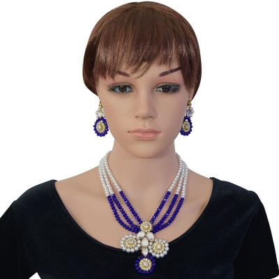 Blue Crystal Beads White Pearl Kundan Necklace