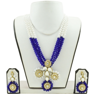 Blue Crystal Beads White Pearl Kundan Necklace