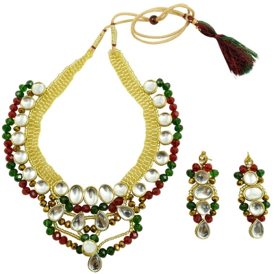 Red &amp; Green Crystal Beads Kundan Necklace