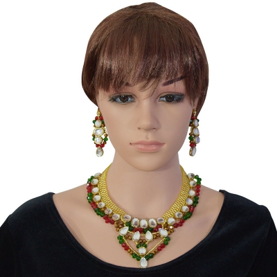 Red &amp; Green Crystal Beads Kundan Necklace