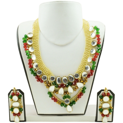 Red &amp; Green Crystal Beads Kundan Necklace