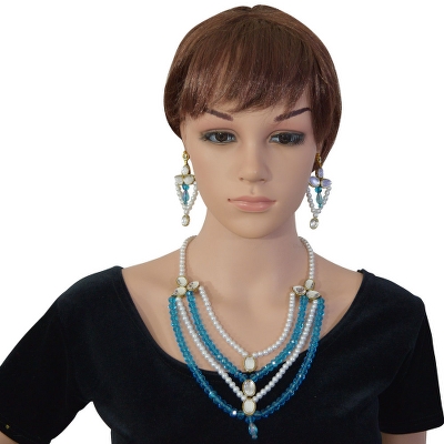 Blue Crystal Beads & White Pearl Necklace