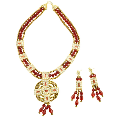 Red &amp; Copper Crystal Beads Traditional Necklace