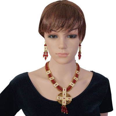 Red &amp; Copper Crystal Beads Traditional Necklace