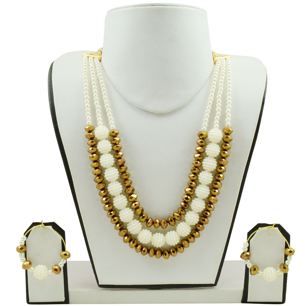 Cream Pearls &amp; Brown Crystal Beads Necklace