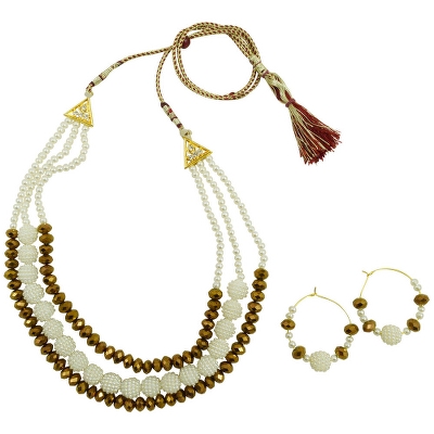 Cream Pearls &amp; Brown Crystal Beads Necklace