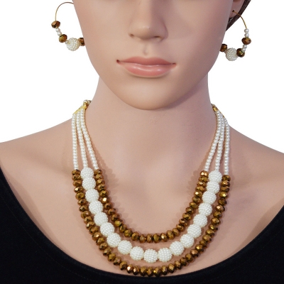 Cream Pearls &amp; Brown Crystal Beads Necklace