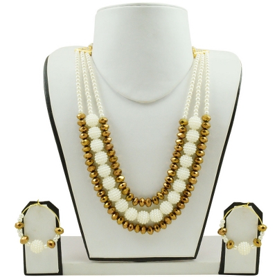 Cream Pearls &amp; Brown Crystal Beads Necklace