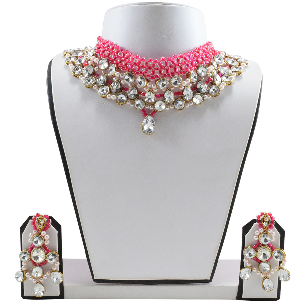Pink Crystal Beads Kundan Necklace Set