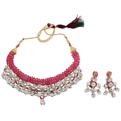 Pink Crystal Beads Kundan Necklace Set
