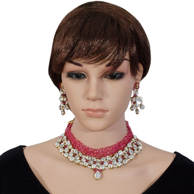 Pink Crystal Beads Kundan Necklace Set