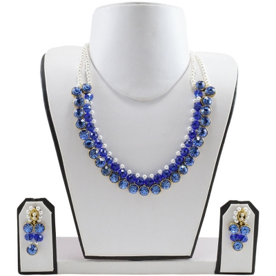 Blue Crystal Beads & White Pearl Kundan Necklace