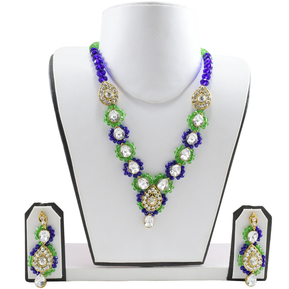 Blue & Green Crystal Beads Kundan Necklace Set