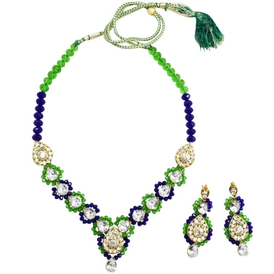 Blue & Green Crystal Beads Kundan Necklace Set