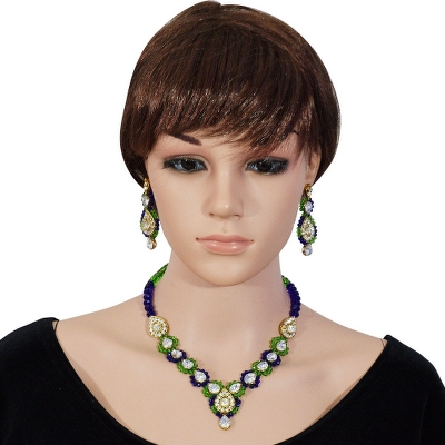 Blue & Green Crystal Beads Kundan Necklace Set