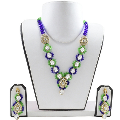 Blue & Green Crystal Beads Kundan Necklace Set