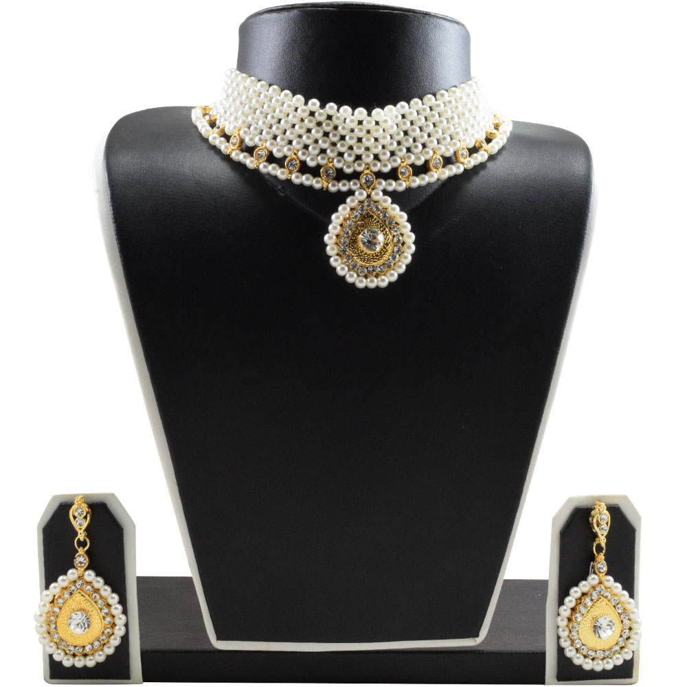 White Pearl Golden Pendant Necklace Set