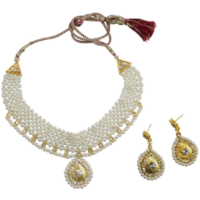 White Pearl Golden Pendant Necklace Set