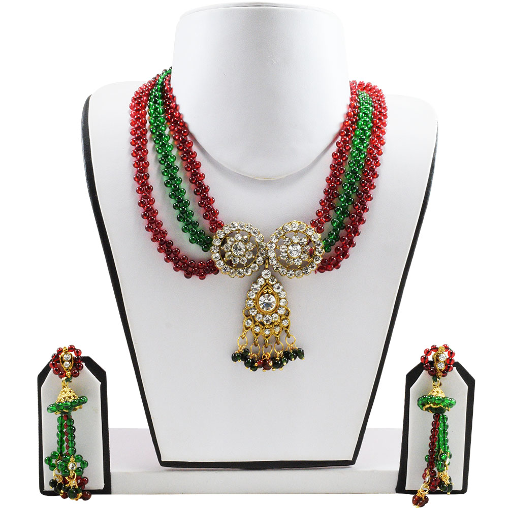 Red & Green Beads Golden Pendant Necklace