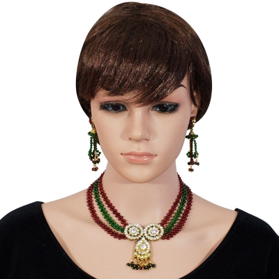 Red & Green Beads Golden Pendant Necklace