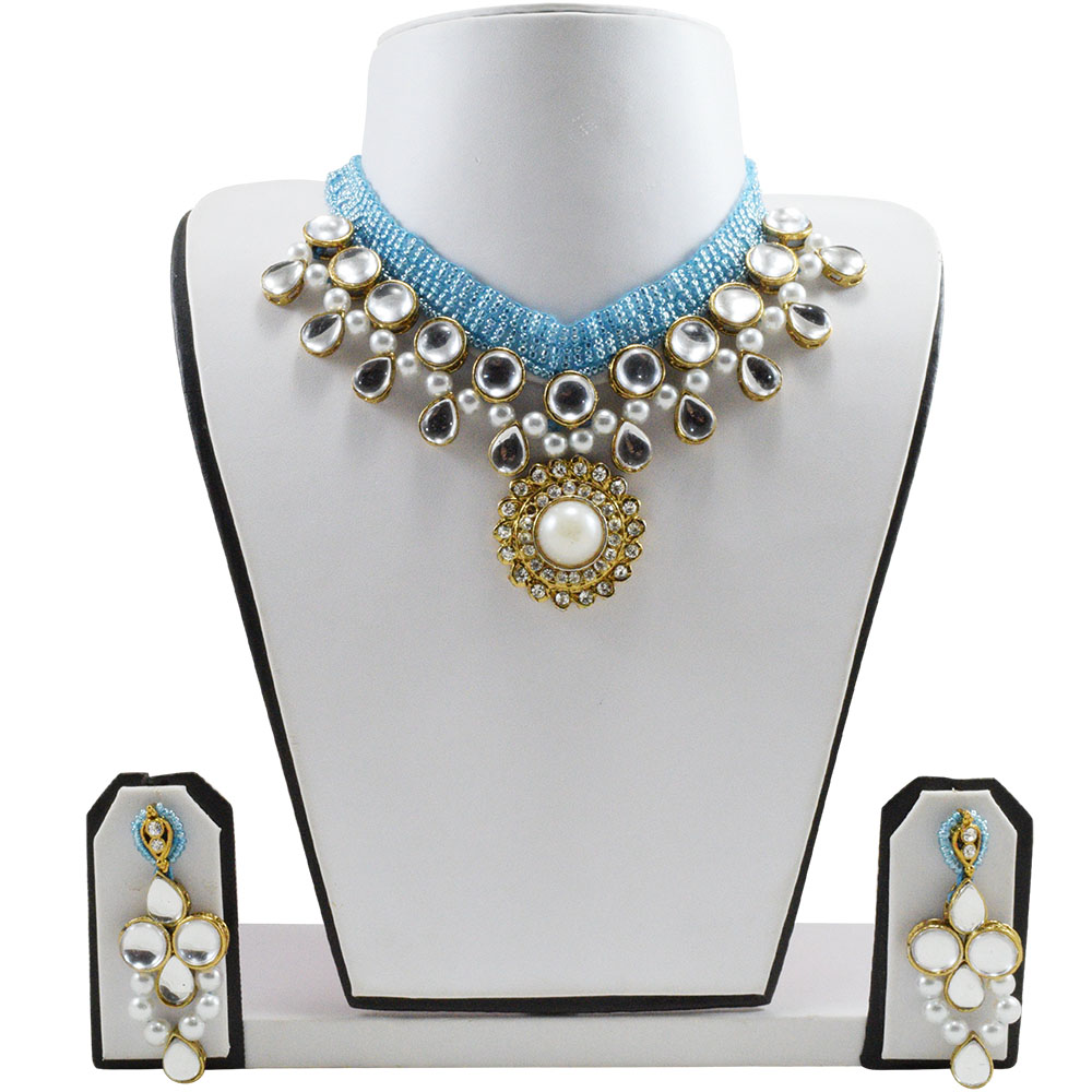 Blue Jeko Moti Kundan Necklace Set