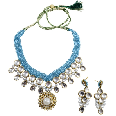 Blue Jeko Moti Kundan Necklace Set