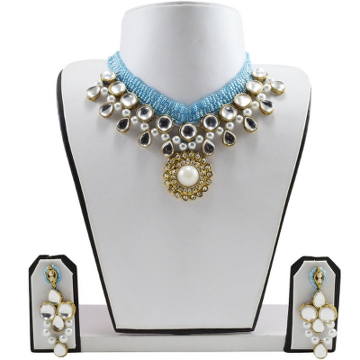 Blue Jeko Moti Kundan Necklace Set