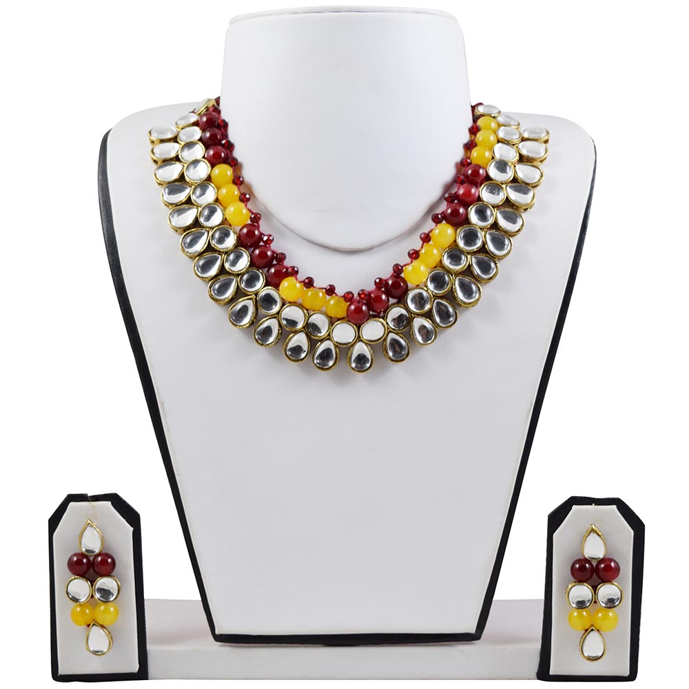 Maroon & Yellow Beads Handmade Kundan Necklace