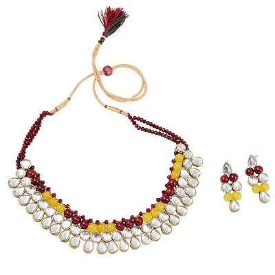 Maroon & Yellow Beads Handmade Kundan Necklace