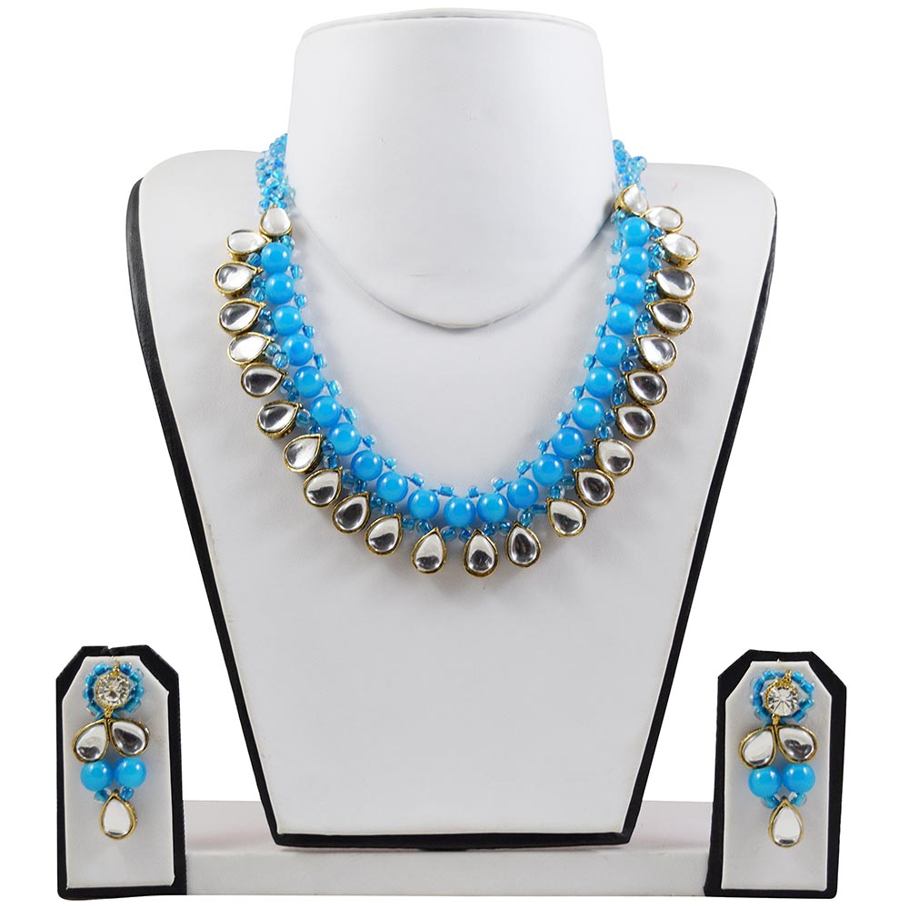 Sky Blue Beads Designer Kundan Necklace