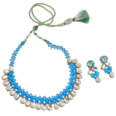 Sky Blue Beads Designer Kundan Necklace