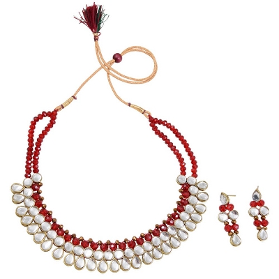 Red Crystal Beads Kundan Necklace