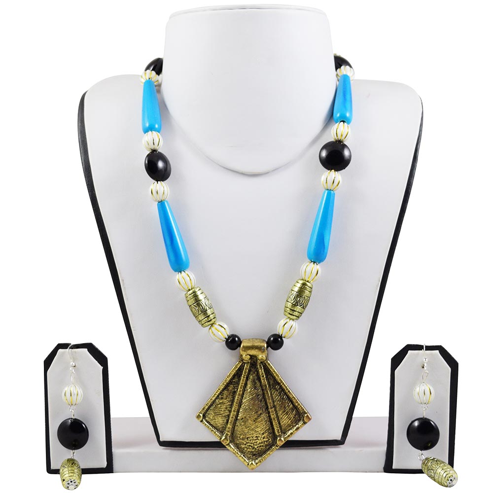 Designer Sky Blue Beads Antique Necklace Set