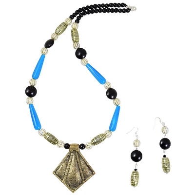 Designer Sky Blue Beads Antique Necklace Set