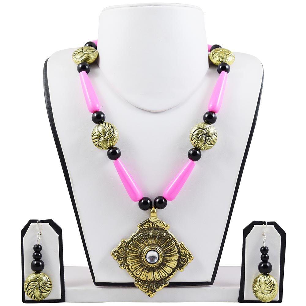 Designer Pink Beads Antique Necklace Set