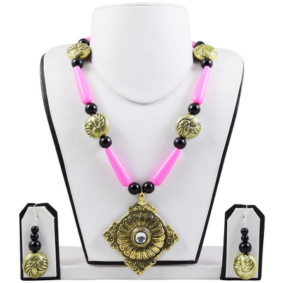 Designer Pink Beads Antique Necklace Set