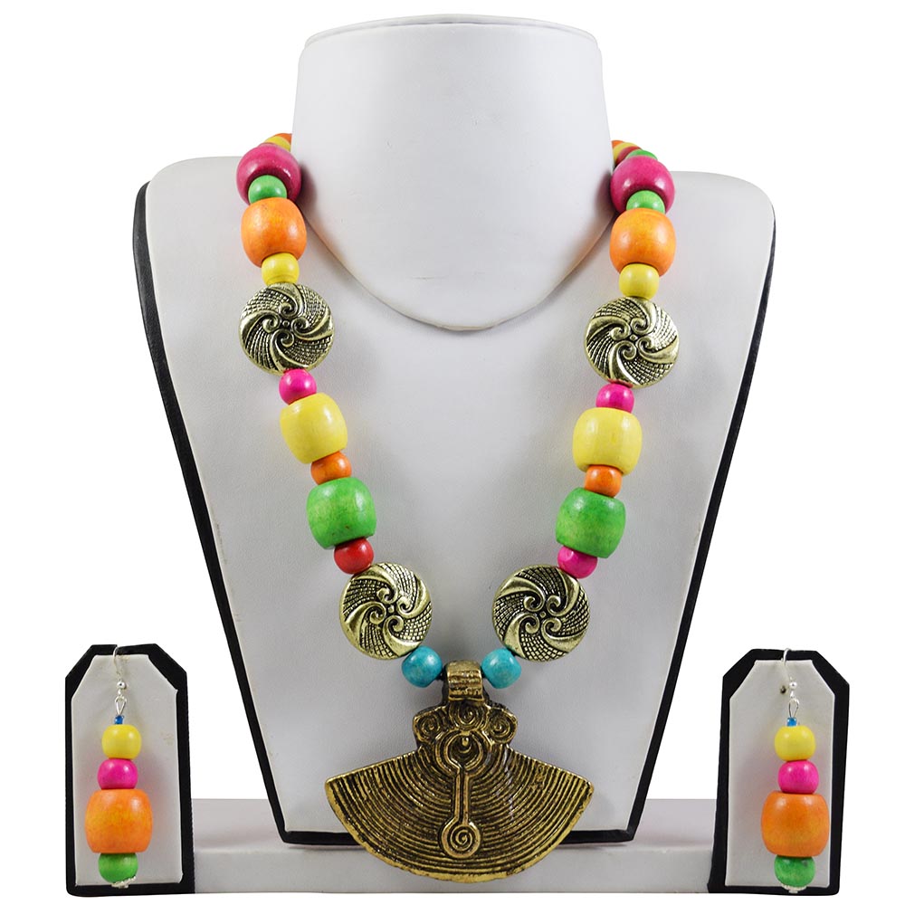 Wooden Beads Antique Pendant Designer Necklace Set
