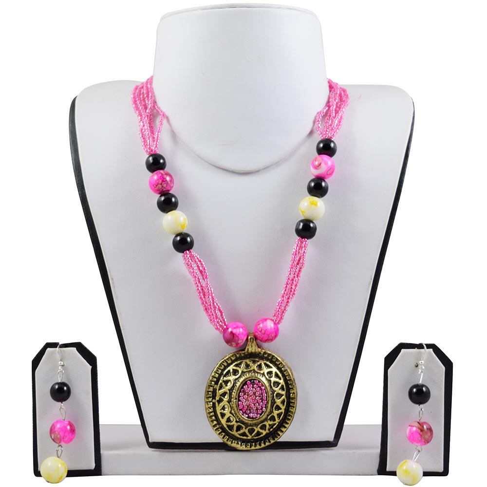 Pink Jeko Moti Antique Pendant Necklace Set