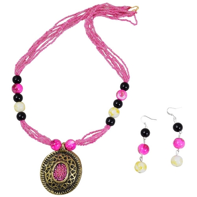 Pink Jeko Moti Antique Pendant Necklace Set