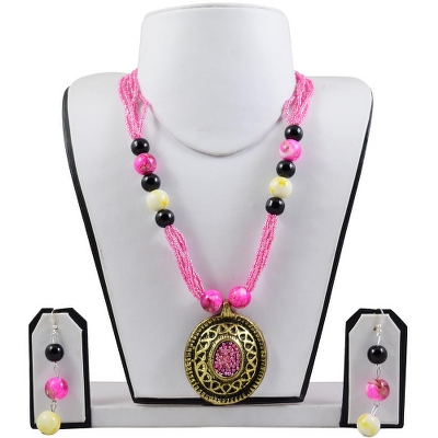 Pink Jeko Moti Antique Pendant Necklace Set