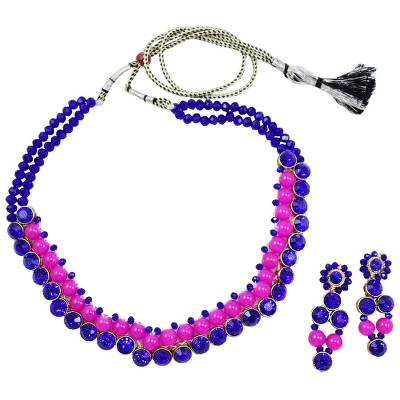 Pink Beads Blue Crystal Beads Kundan Necklace Set