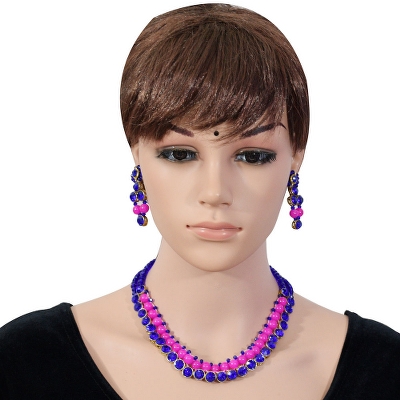 Pink Beads Blue Crystal Beads Kundan Necklace Set