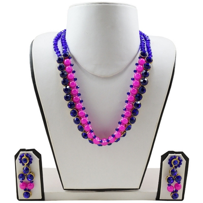 Pink Beads Blue Crystal Beads Kundan Necklace Set