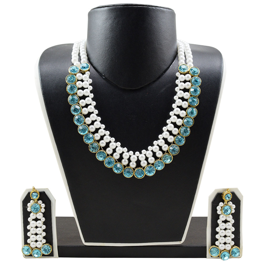 White Pearls & Sky Blue Kundan Choker Necklace Set for Women & Girls