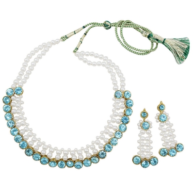 White Pearls & Sky Blue Kundan Choker Necklace Set for Women & Girls