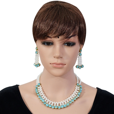White Pearls & Sky Blue Kundan Choker Necklace Set for Women & Girls